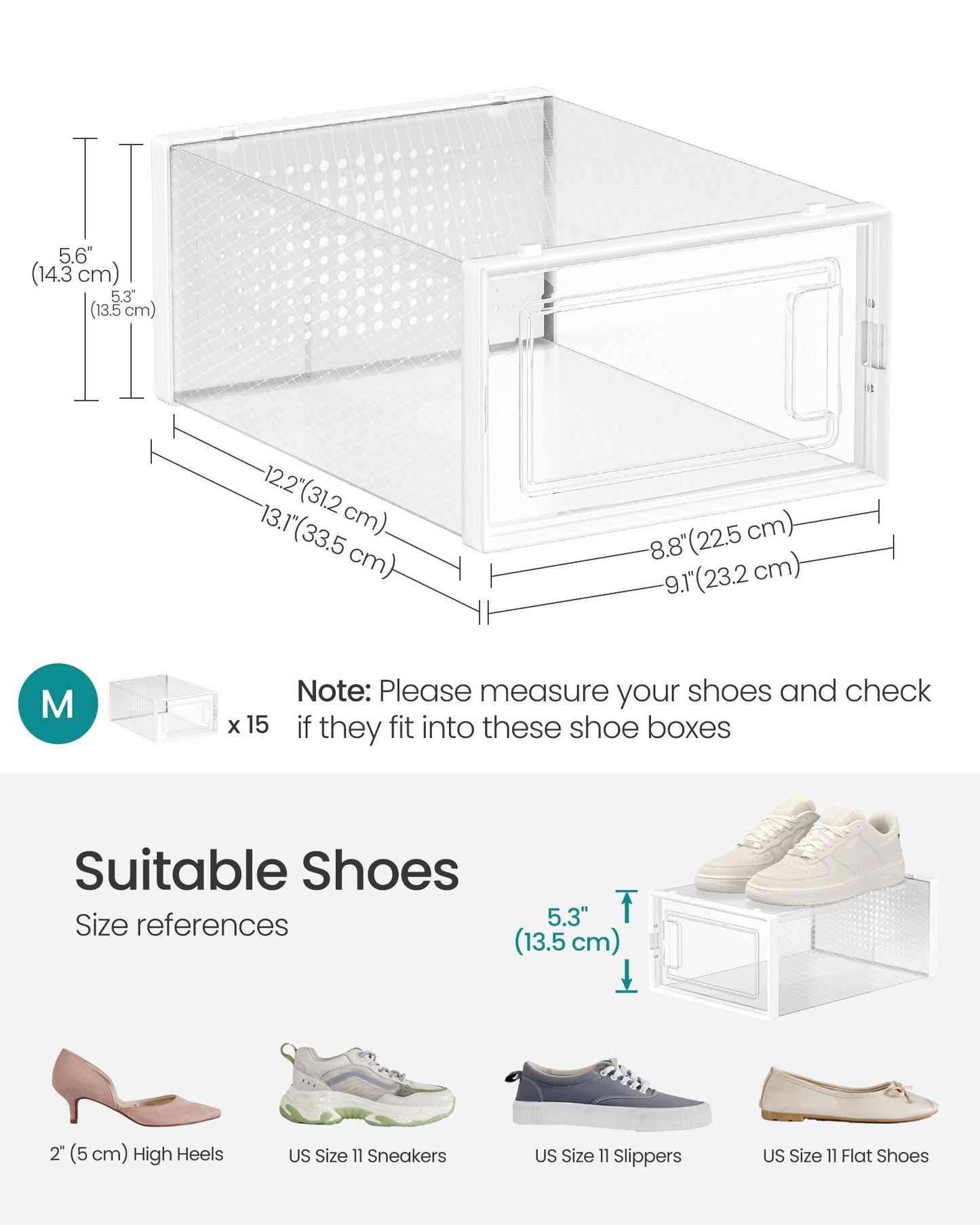Shoe Boxes, Pack of 15 Shoe Storage Organizers, Stackable Clear Plastic Boxes for Closet, Sneakers - HWLEXTRA 