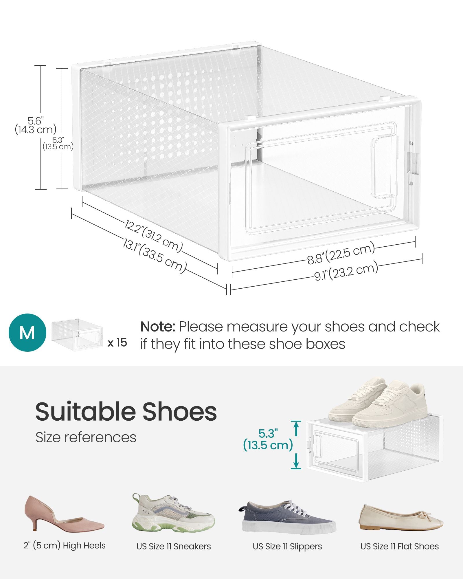 Shoe Boxes, Pack of 15 Shoe Storage Organizers, Stackable Clear Plastic Boxes for Closet, Sneakers - HWLEXTRA 