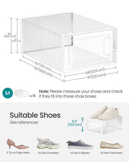 Shoe Boxes, Pack of 15 Shoe Storage Organizers, Stackable Clear Plastic Boxes for Closet, Sneakers - HWLEXTRA 