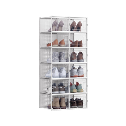 Shoe Boxes, Pack of 12 Stackable Shoe Storage Organizers, Foldable and Versatile for Sneakers, Fit up to US Size 12 — Transparent + White