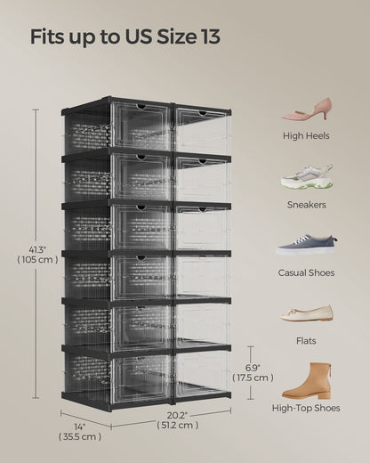 Pack of 12 Foldable Shoe Boxes, Fit up to US Size 13 - HWLEXTRA 
