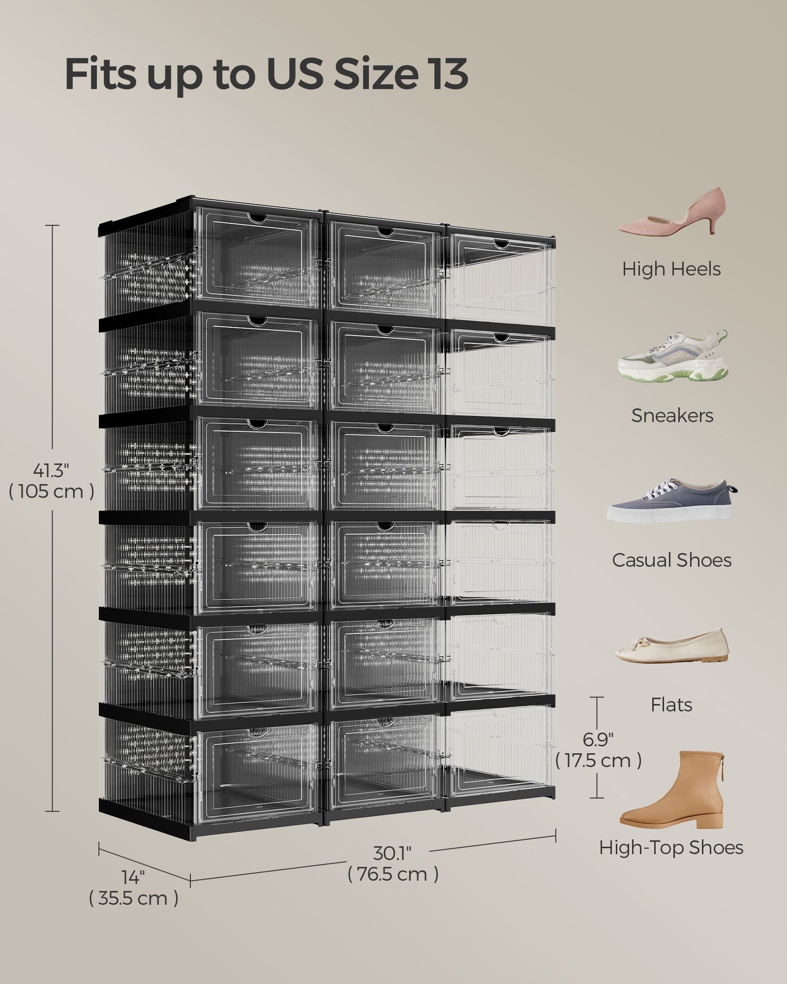 Pack of 18 Foldable Shoe Boxes, Fit up to US Size 13 - HWLEXTRA 