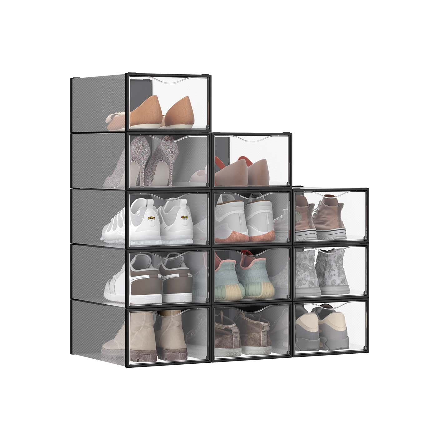 Stackable Shoe Boxes, Set of 12 Plastic Shoe Organizers with Door