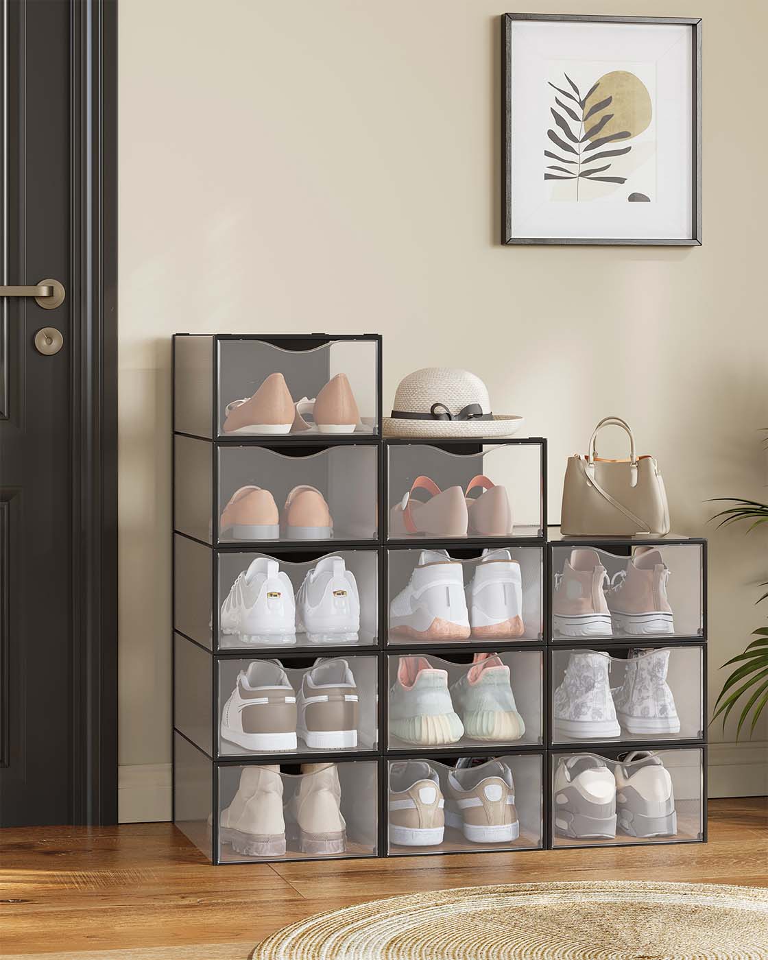 Stackable Shoe Boxes, Set of 12 Plastic Shoe Organizers with Door