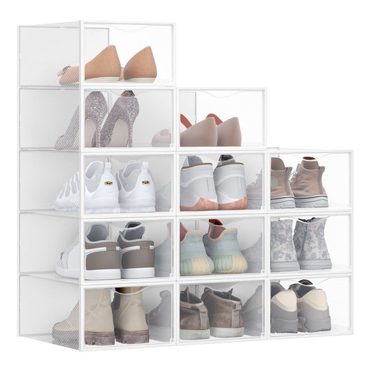 Stackable Shoe Boxes, Set of 12 Plastic Shoe Organizers with Door
