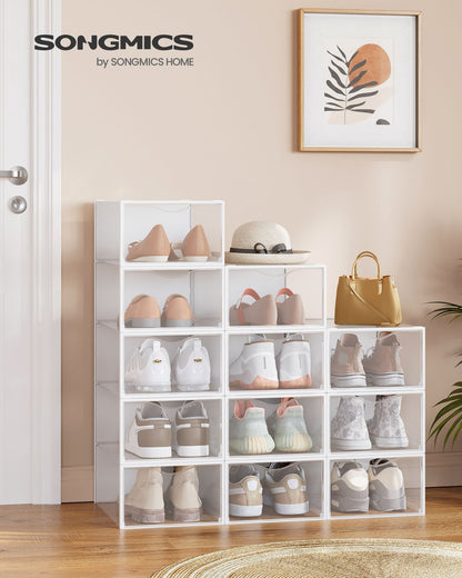 Stackable Shoe Boxes, Set of 12 Plastic Shoe Organizers with Door