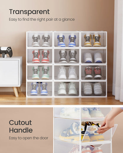Stackable Shoe Boxes, Set of 12 Plastic Shoe Organizers with Door