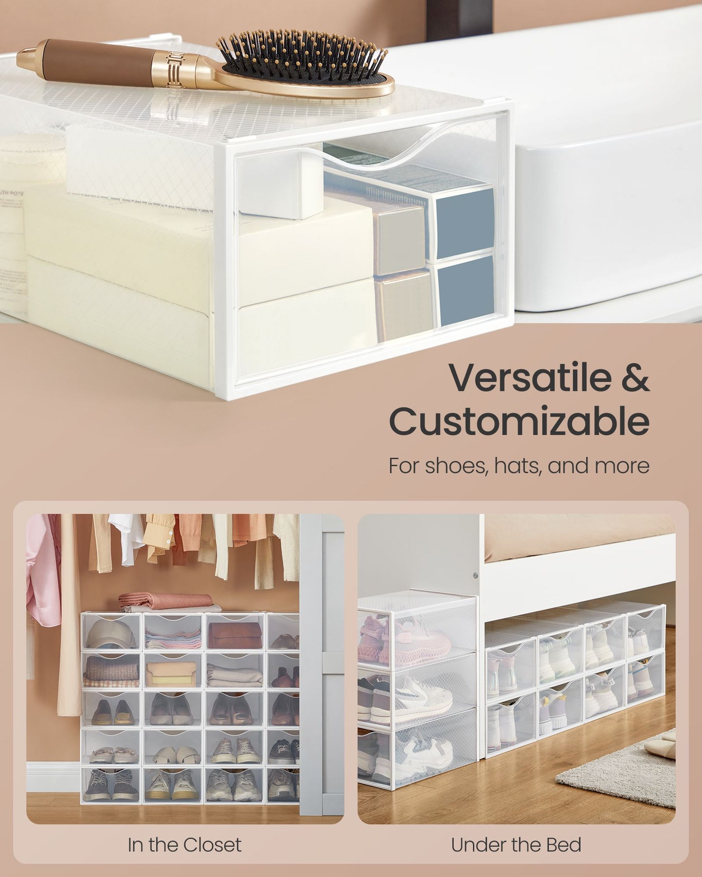 Stackable Shoe Boxes, Set of 12 Plastic Shoe Organizers with Door