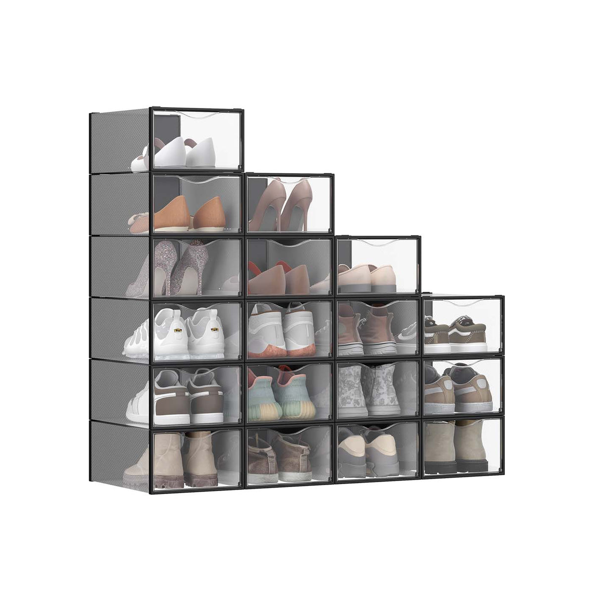Stackable Shoe Boxes, Set of 18 Plastic Shoe Organizers with Door