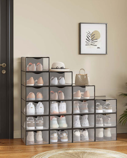 Stackable Shoe Boxes, Set of 18 Plastic Shoe Organizers with Door