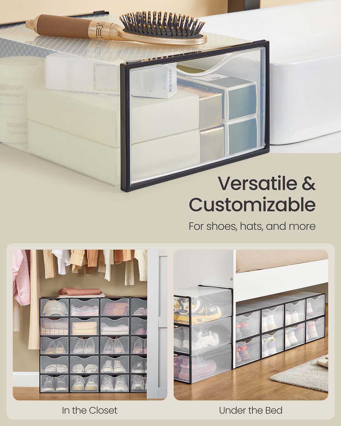Stackable Shoe Boxes, Set of 18 Plastic Shoe Organizers with Door