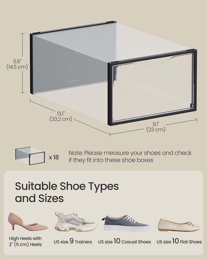 Stackable Shoe Boxes, Set of 18 Plastic Shoe Organizers with Door