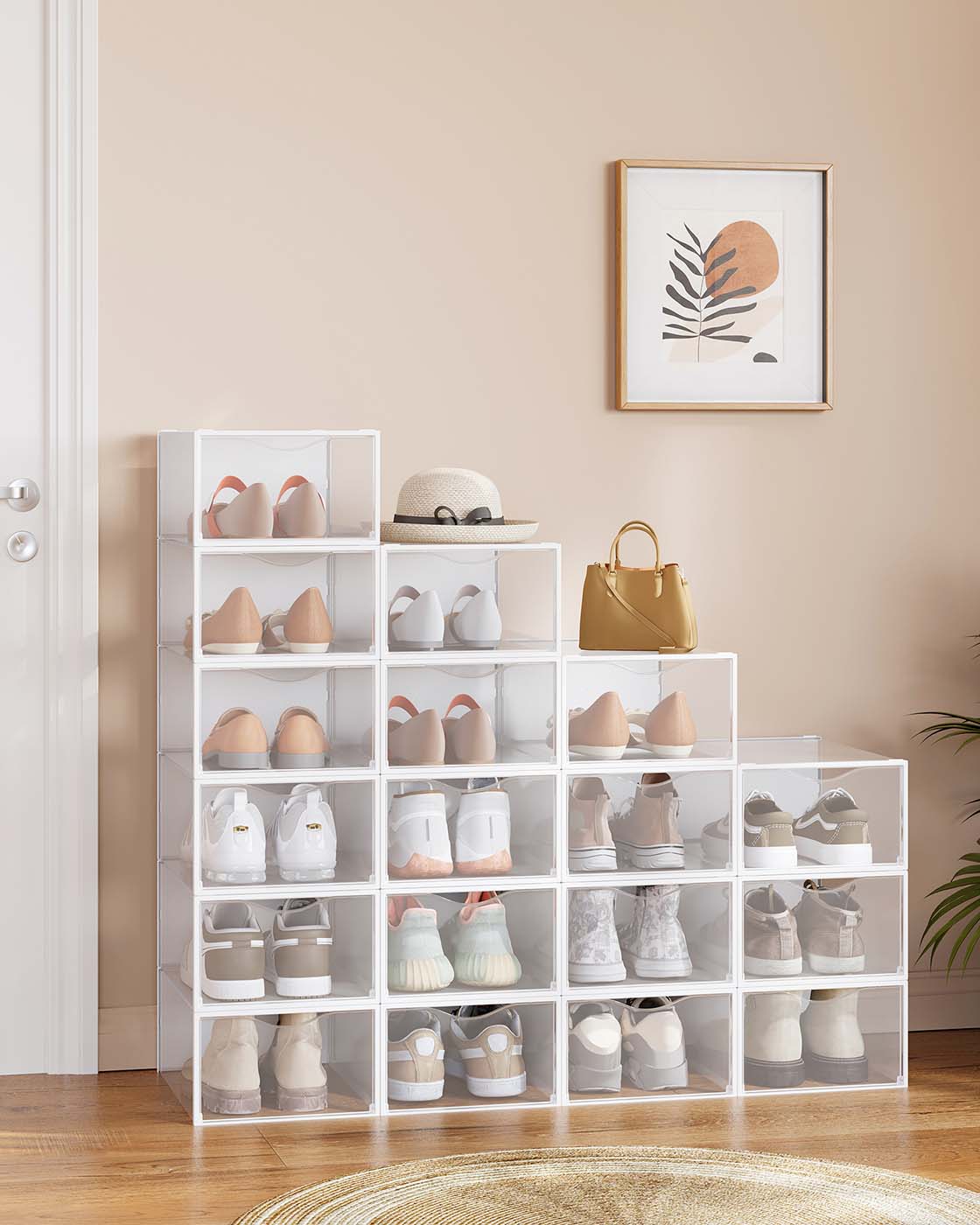 Stackable Shoe Boxes, Set of 18 Plastic Shoe Organizers with Door