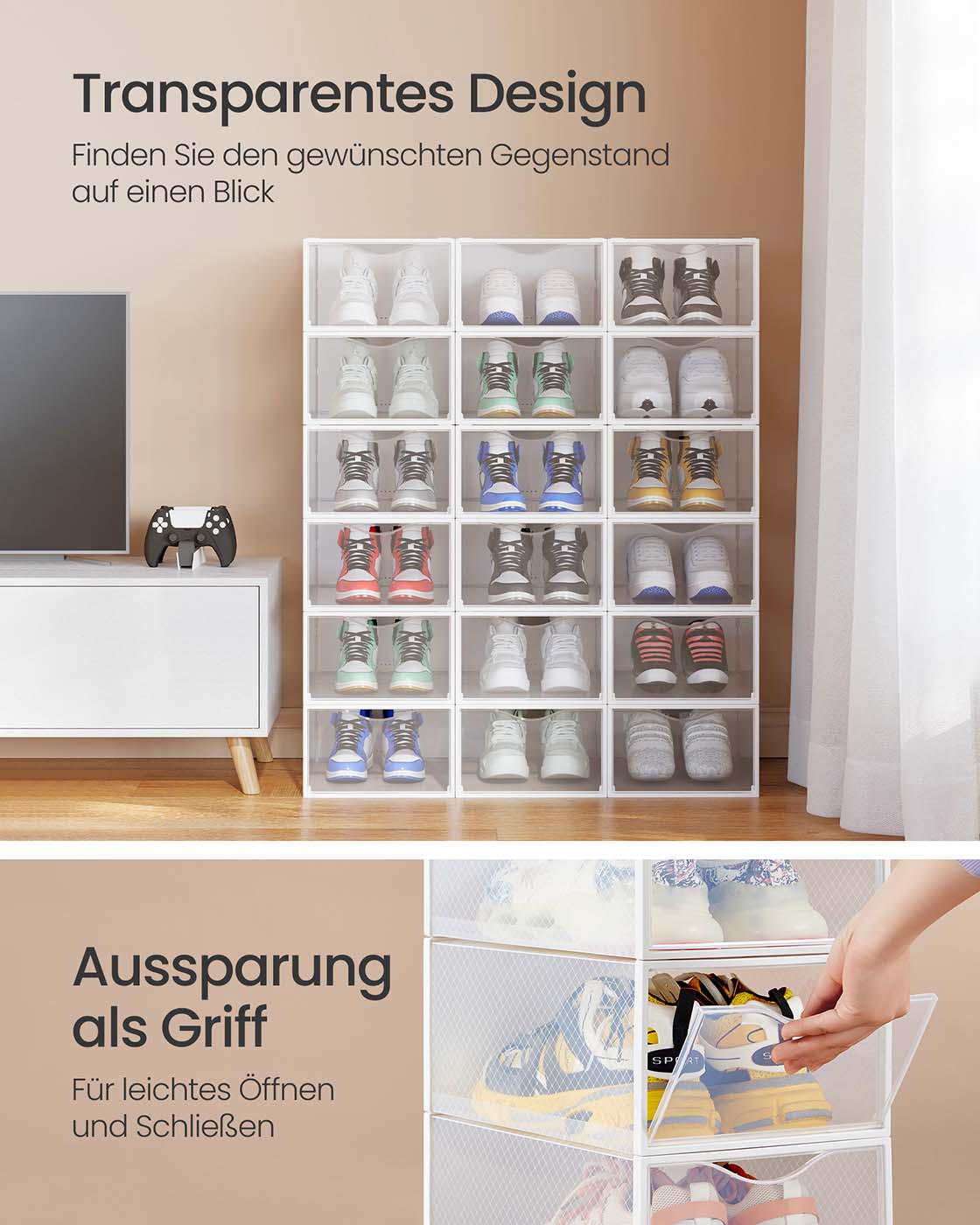 Clear Shoe Boxes Set of 12 for Shoes up to UK Size 9 Transparent and Cloud White