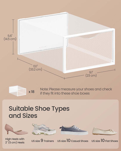 Stackable Shoe Boxes, Set of 18 Plastic Shoe Organizers with Door