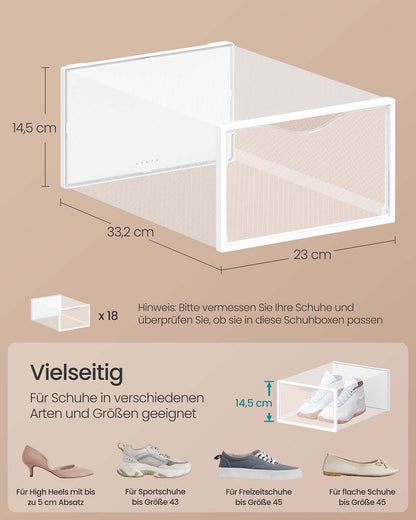Clear Shoe Boxes Set of 12 for Shoes up to UK Size 9 Transparent and Cloud White