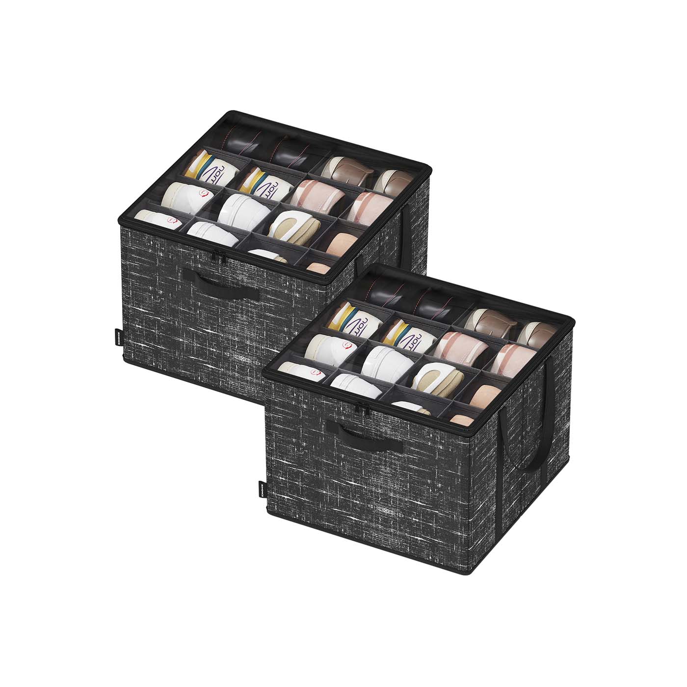 Fabric shoe organizer bin with handles and clear cover