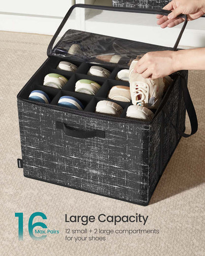 Fabric shoe organizer bin with handles and clear cover