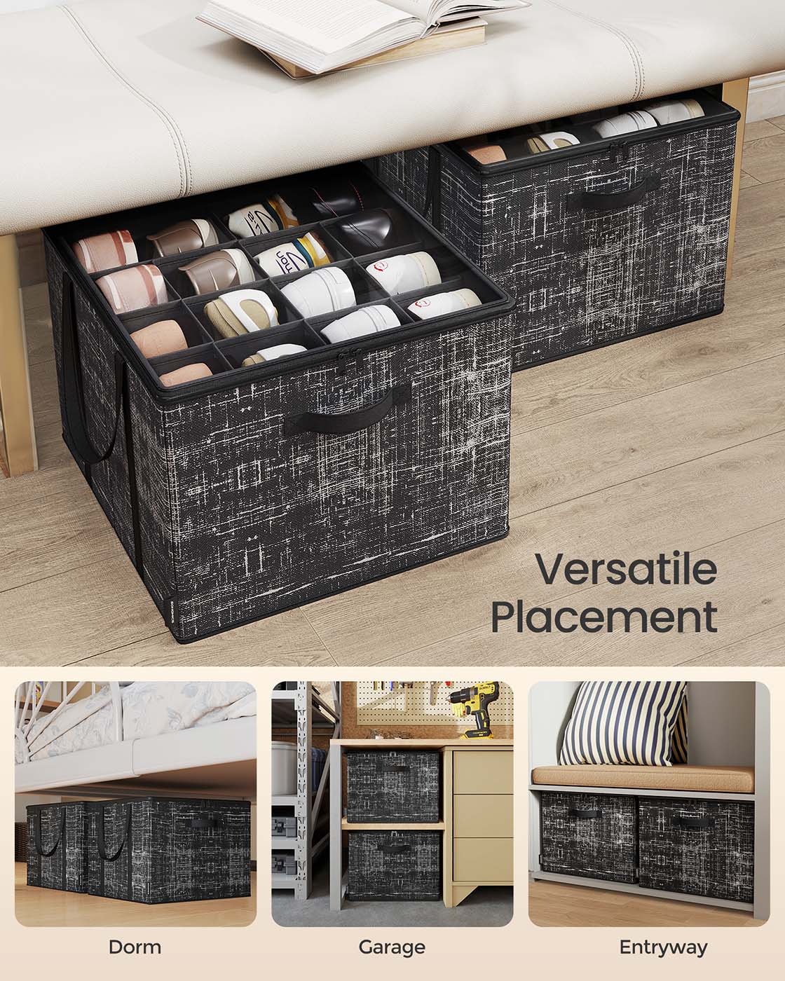 Fabric shoe organizer bin with handles and clear cover