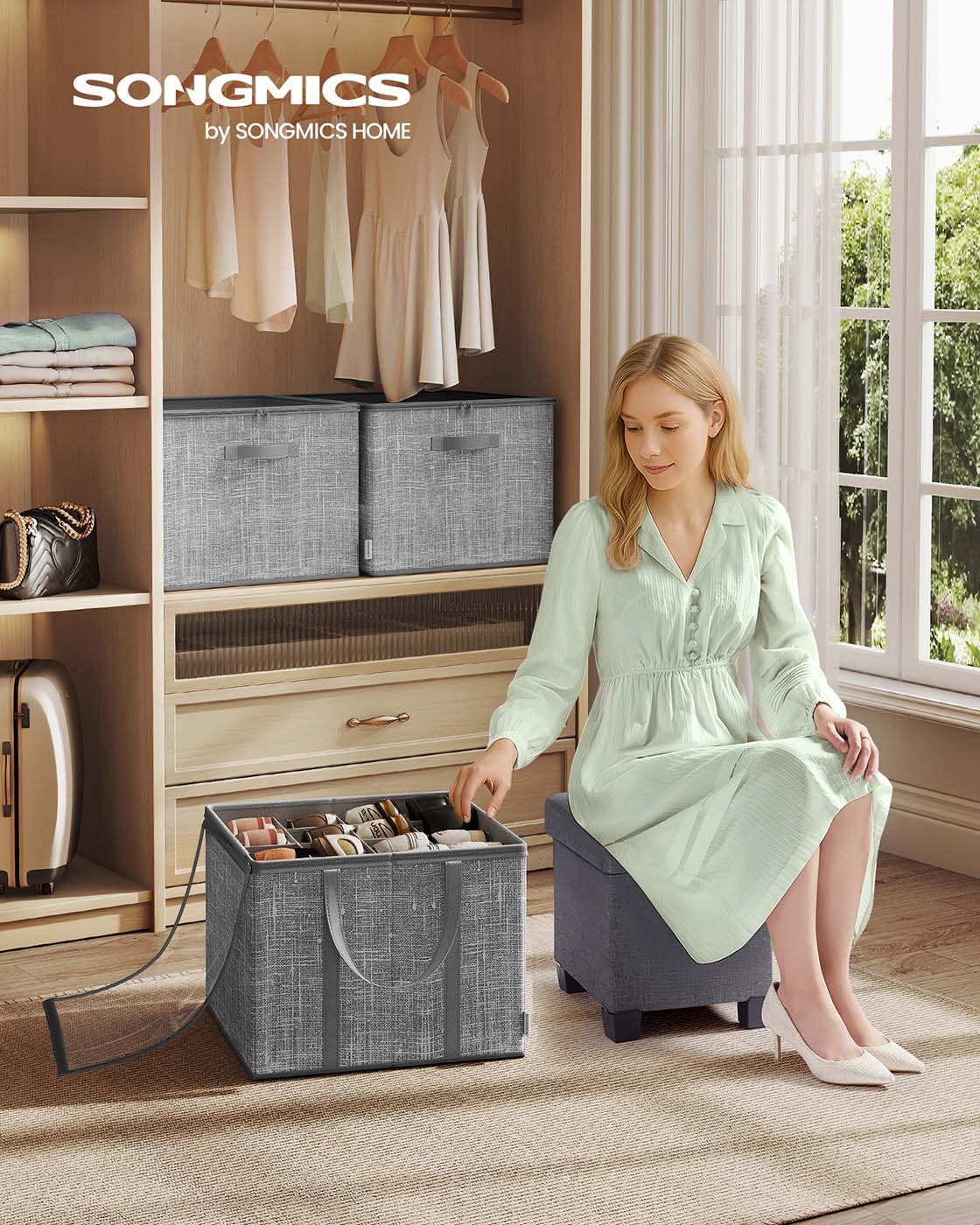 Fabric shoe organizer bin with handles and clear cover