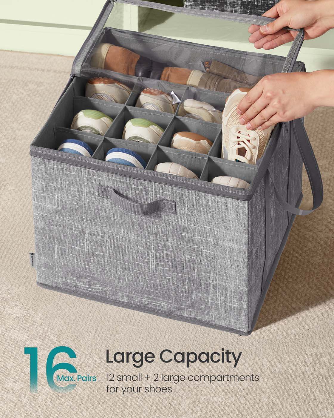Fabric shoe organizer bin with handles and clear cover