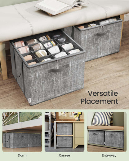 Fabric shoe organizer bin with handles and clear cover