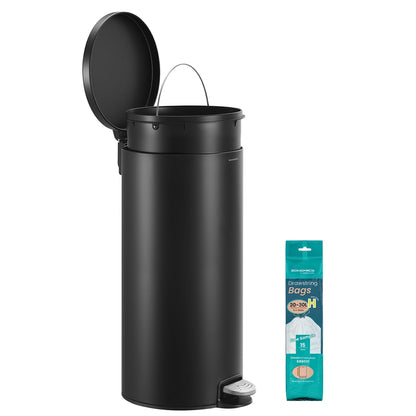 30L Round Trash Bin, 15 Trash Bags Metal Pedal, Black - image 2