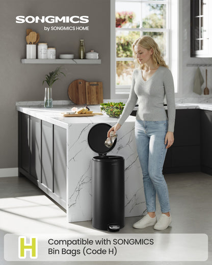30L Round Trash Bin, 15 Trash Bags Metal Pedal, Black - image 3