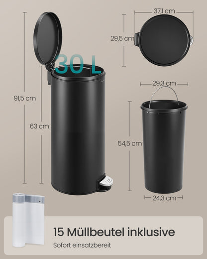 30L Round Trash Bin, 15 Trash Bags Metal Pedal, Black