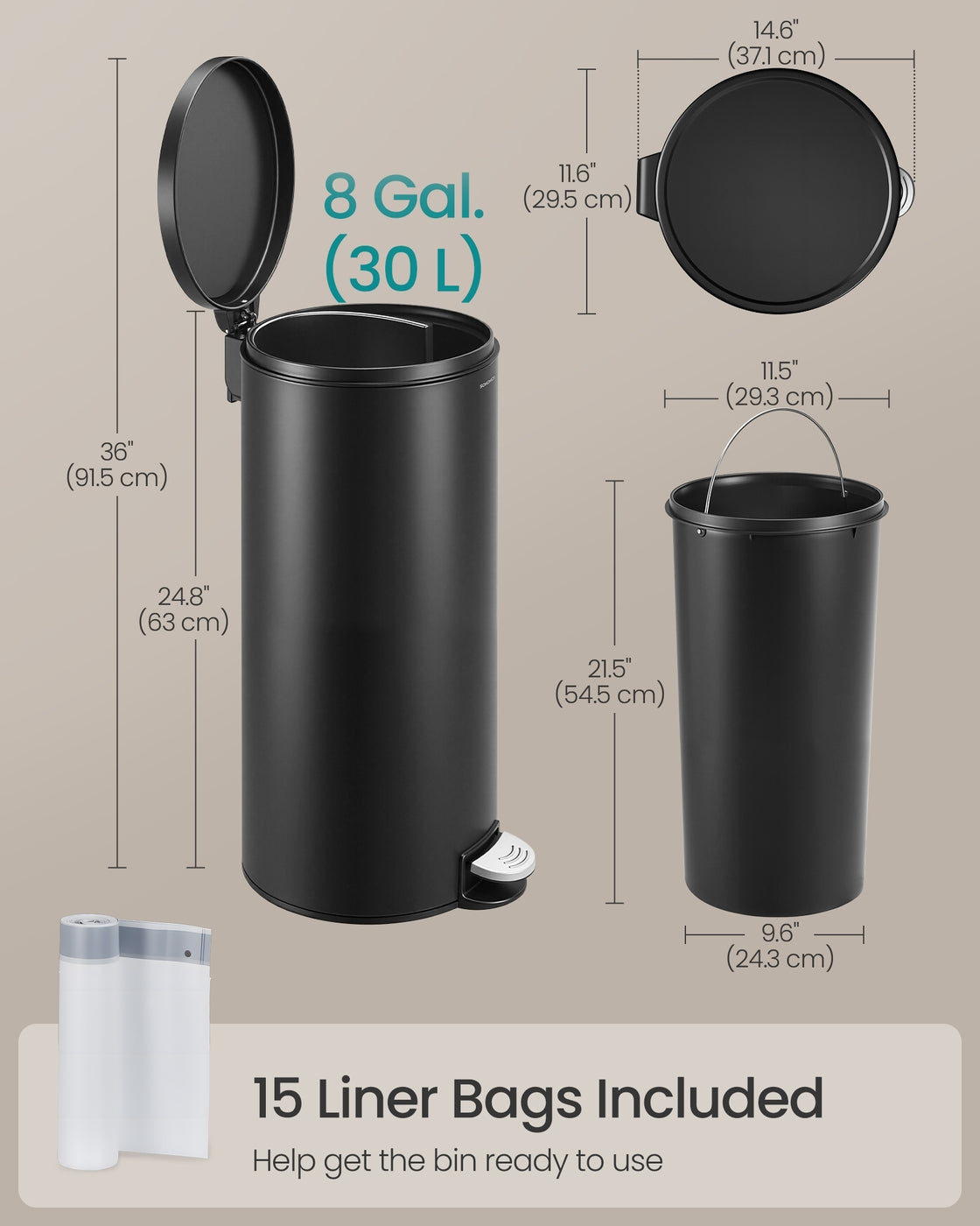 30L Round Trash Bin, 15 Trash Bags Metal Pedal, Black - image 8