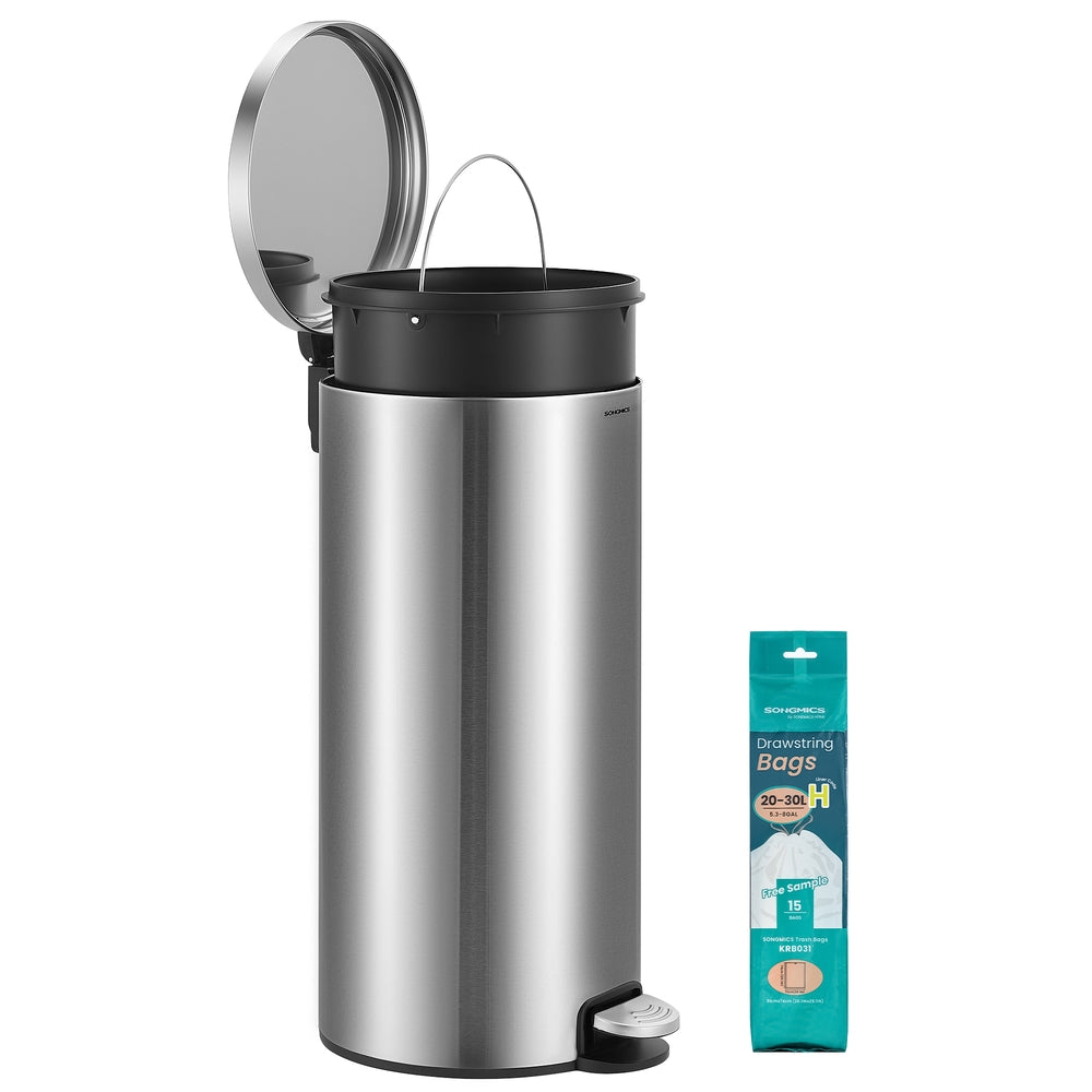 30L Round Trash Bin, 15 Trash Bags Metal Pedal, Black - image 9