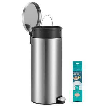 30L Round Trash Bin, 15 Trash Bags Metal Pedal, Black - image 9
