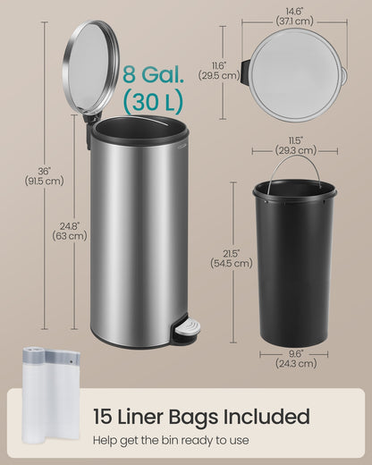 30L Round Trash Bin, 15 Trash Bags Metal Pedal, Black - image 15