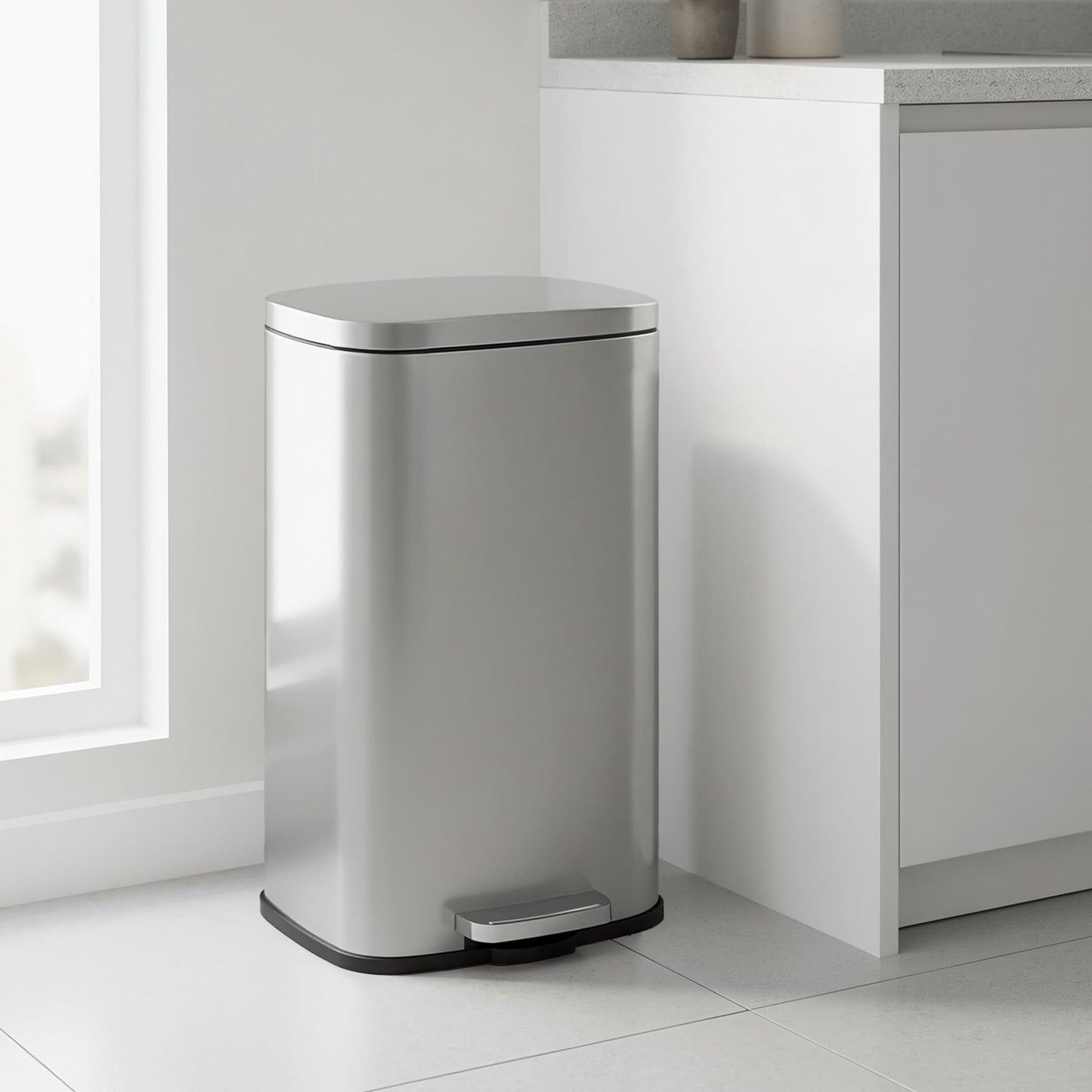 8- Gallon Silver Step-Open Trash Can with Plastic Inner Bucket