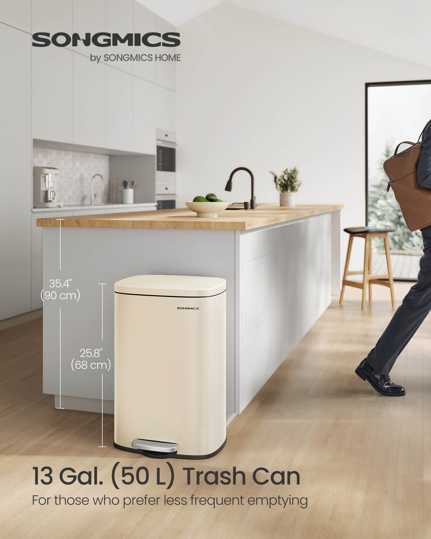 13 Gallon White Step Trash Can with Hinged Lid for Kitchen - HWLEXTRA 