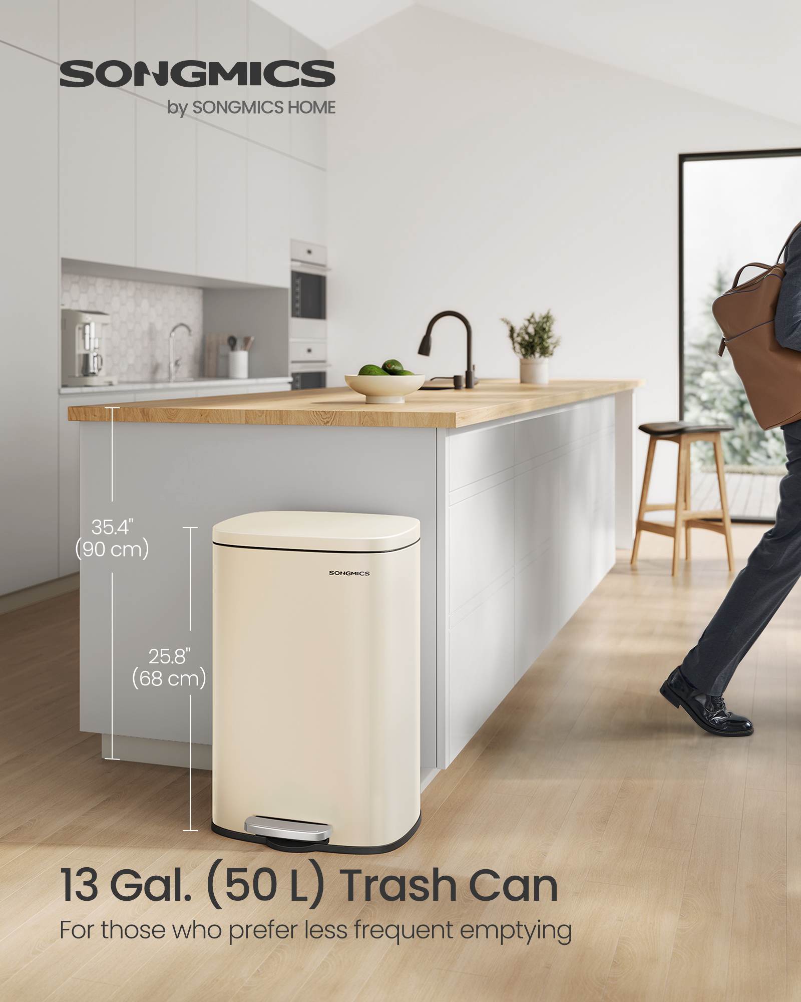 13 Gallon White Step Trash Can with Hinged Lid for Kitchen - HWLEXTRA 