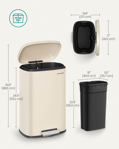 13 Gallon White Step Trash Can with Hinged Lid for Kitchen - HWLEXTRA 