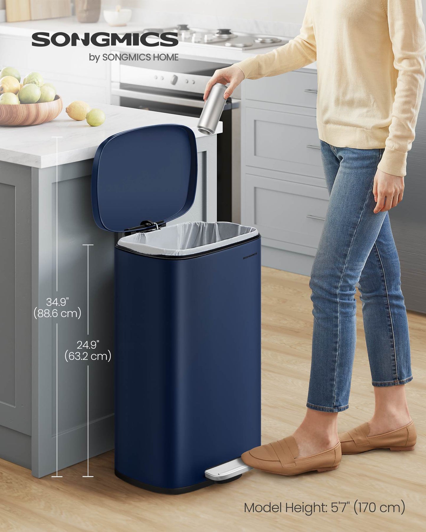 13 Gallon White Step Trash Can with Hinged Lid for Kitchen - HWLEXTRA 
