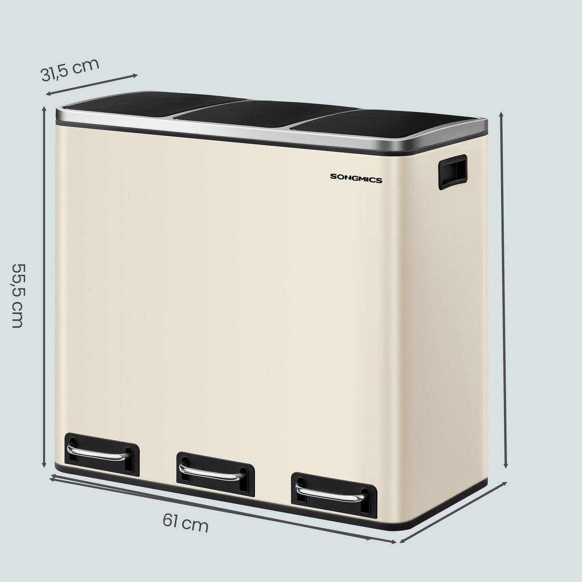 Triple Pedal Bin, 54 L Recycling Kitchen Waste Bin, Soft-Close Lids, Steel, for Home, Beige