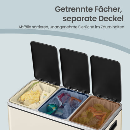 Triple Pedal Bin, 54 L Recycling Kitchen Waste Bin, Soft-Close Lids, Steel, for Home, Beige