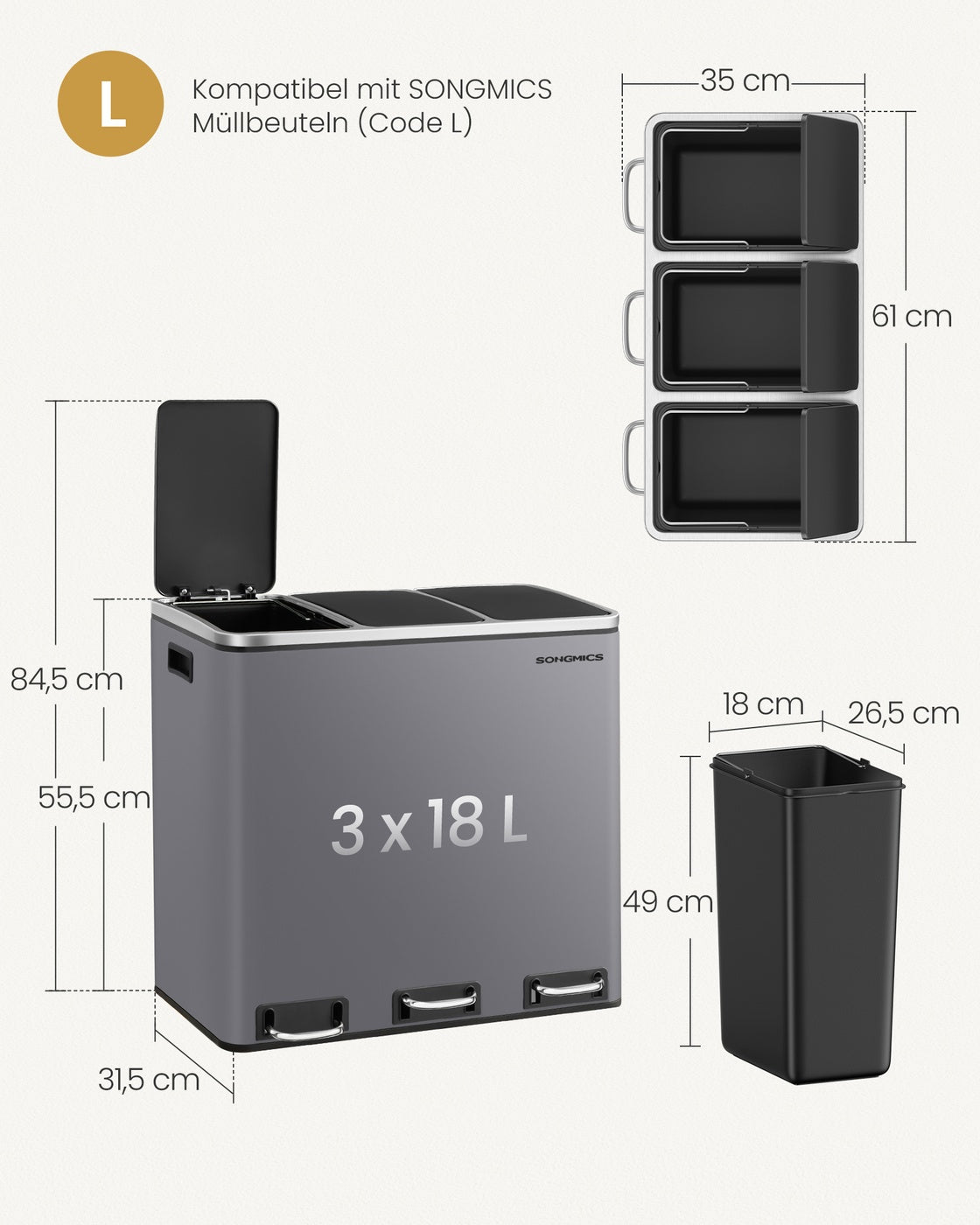 3 x 18 L Rubbish Bin ，15 Liners Included， Matte Grey