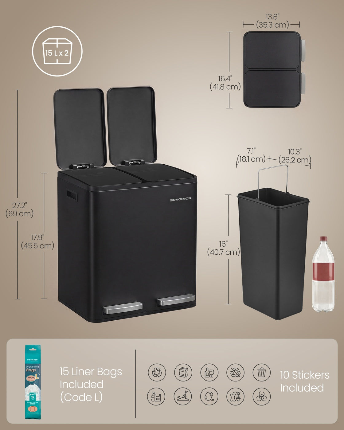 Steel Kitchen Bin with 2 x 15 L Compartments, Silver - image 15