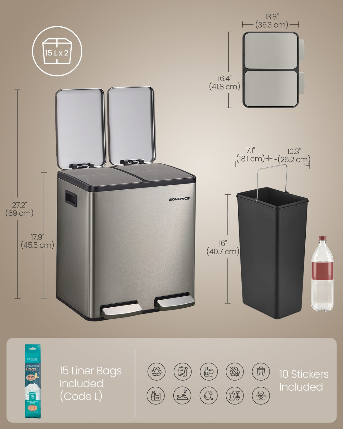 Steel Kitchen Bin with 2 x 15 L Compartments, Silver - image 7