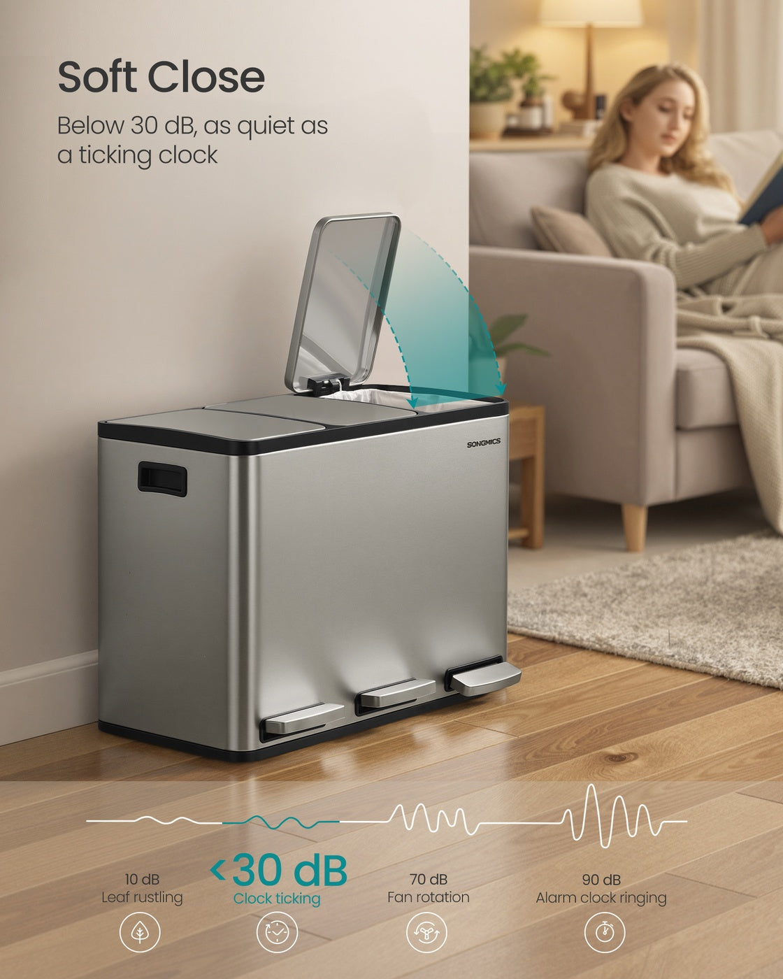 Stainless Steel Kitchen Bin with Three 15 L Compartments - image 2