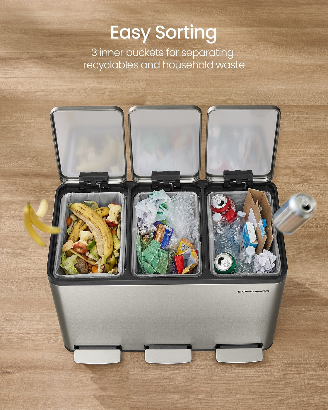 Stainless Steel Kitchen Bin with Three 15 L Compartments - image 6