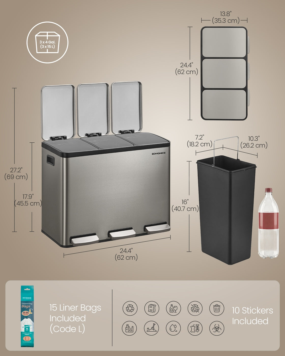 Stainless Steel Kitchen Bin with Three 15 L Compartments - image 7