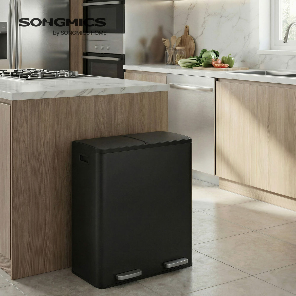 Steel Kitchen Bin with Two 30 L Compartments
