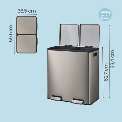 Steel Kitchen Bin with Two 30 L Compartments