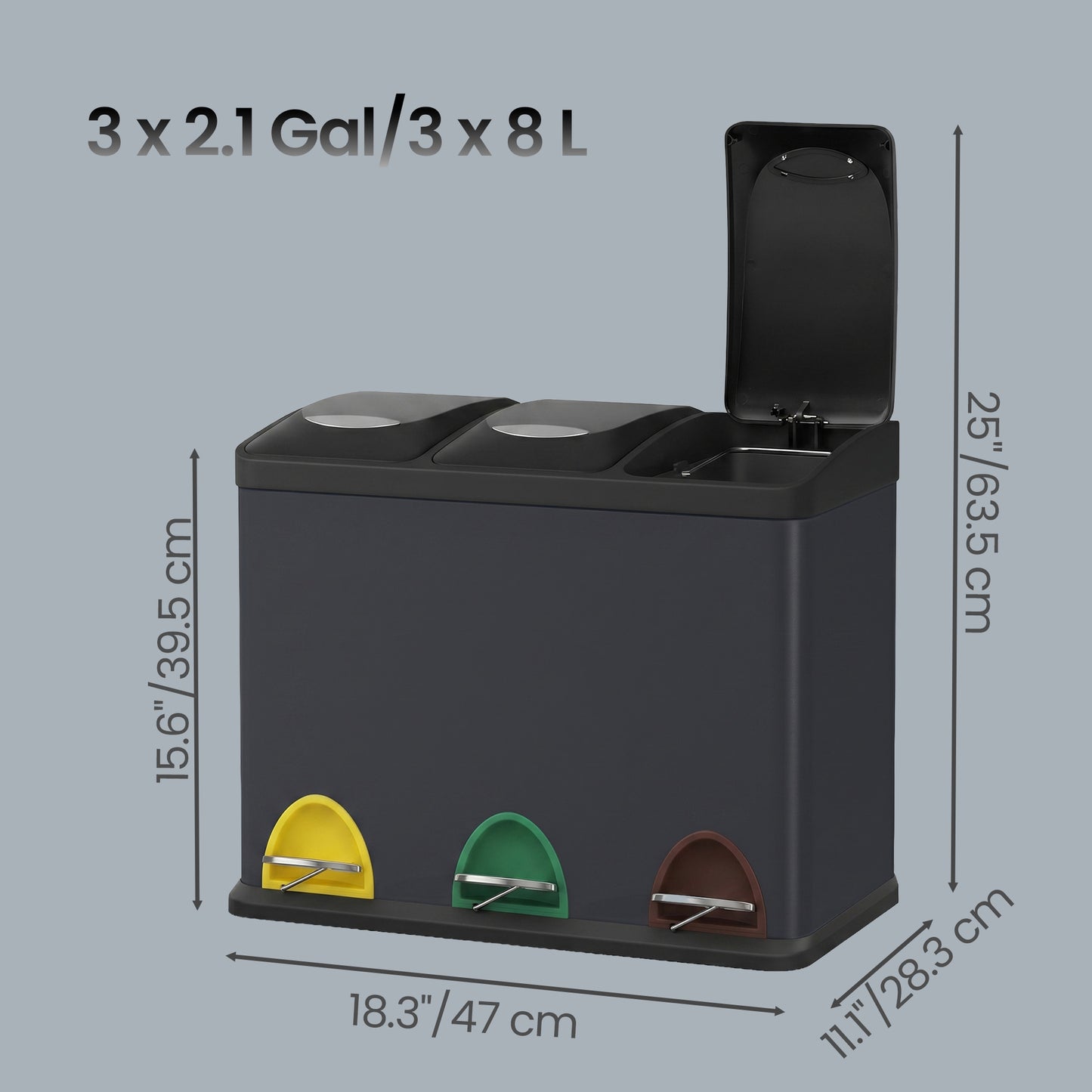 3 x 8 L Metal Kitchen Rubbish Bin, Pedal Trash Bin for Waste and Recycling, with Lids and Inner Buckets - image 3
