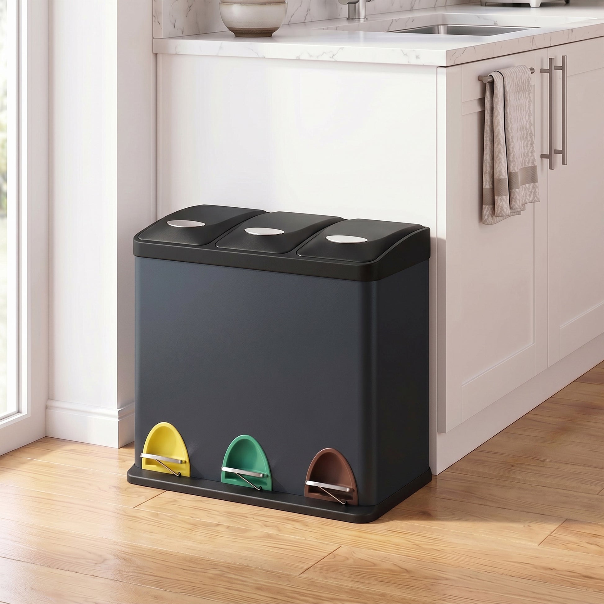3 x 8 L Metal Kitchen Rubbish Bin, Pedal Trash Bin for Waste and Recycling, with Lids and Inner Buckets - image 5